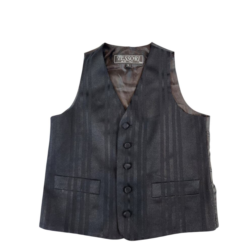 Tessori Milan Italy boys sz 8 black vest formal‎ vertical strip pattern button